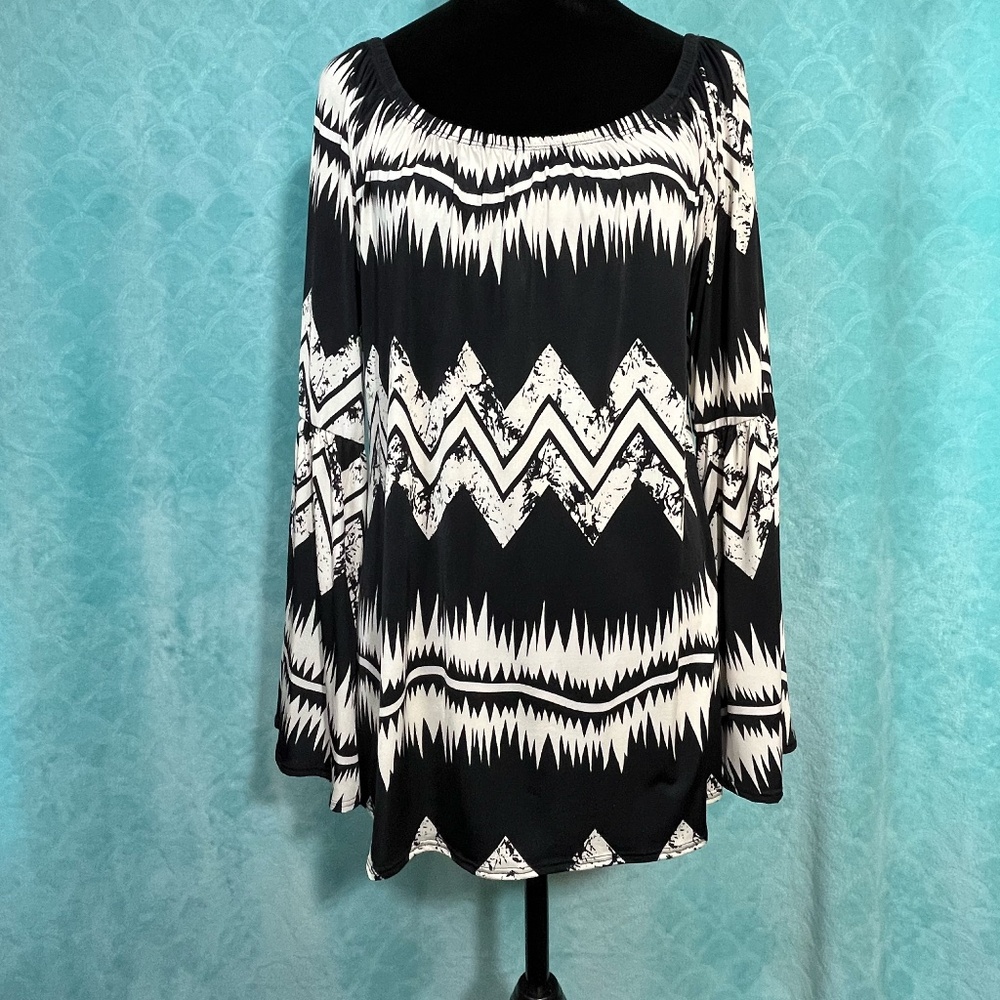 VOLL Retro 70s Geometric Peasant Blouse Off Shoulder Bell Sleeve Tunic Large